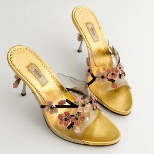 Vintage Prada Gold Leather Floral PVC Mules with Metal Heel